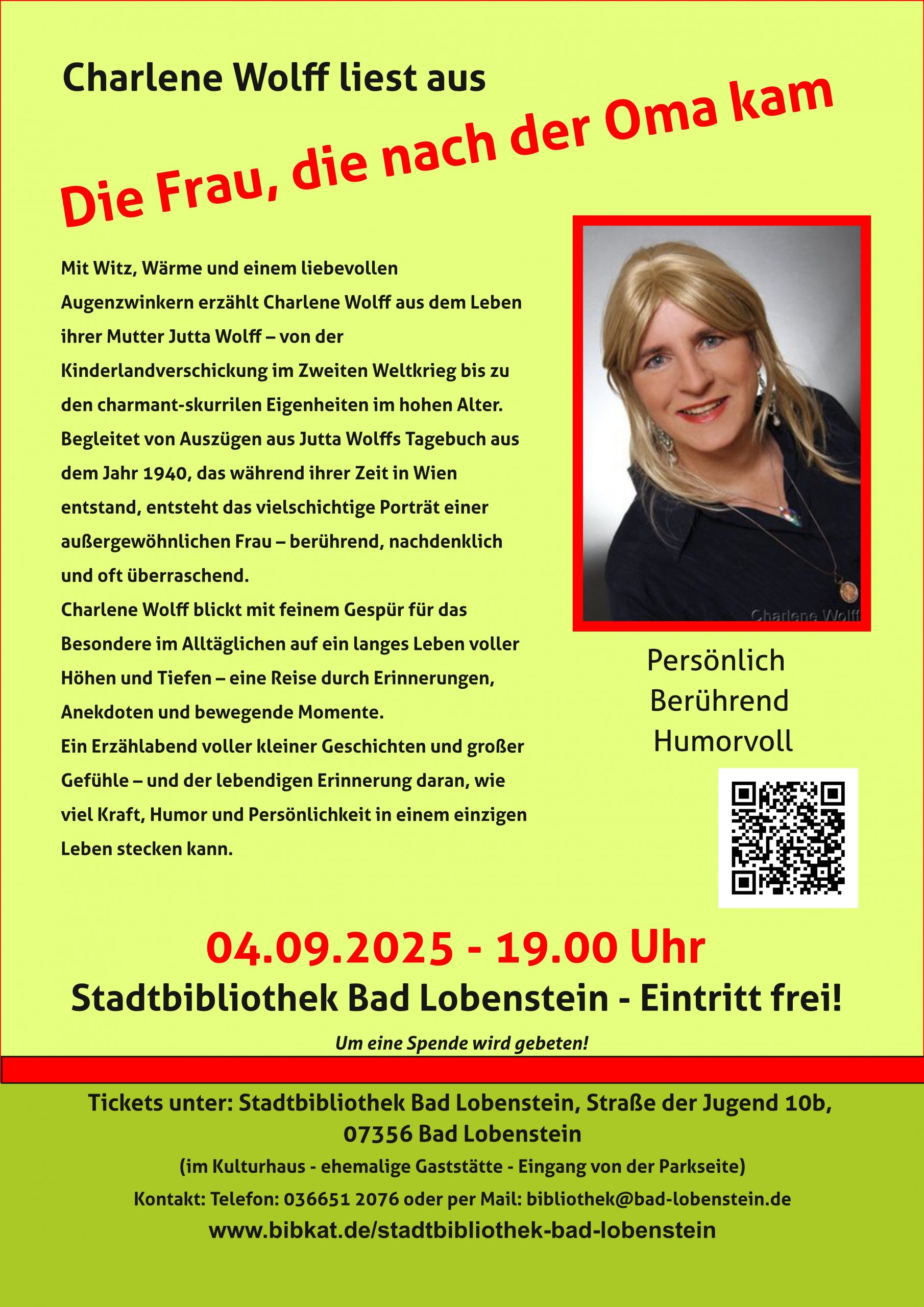 Charlene Wolff liest aus ihrem Buch „Die Frau, die nach der Oma kam“